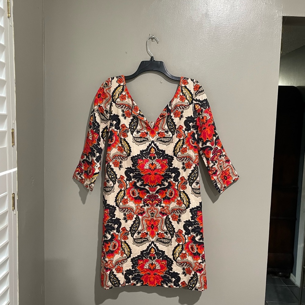 J. Crew Cream Mini Dress with Red and Black Floral Medallions
